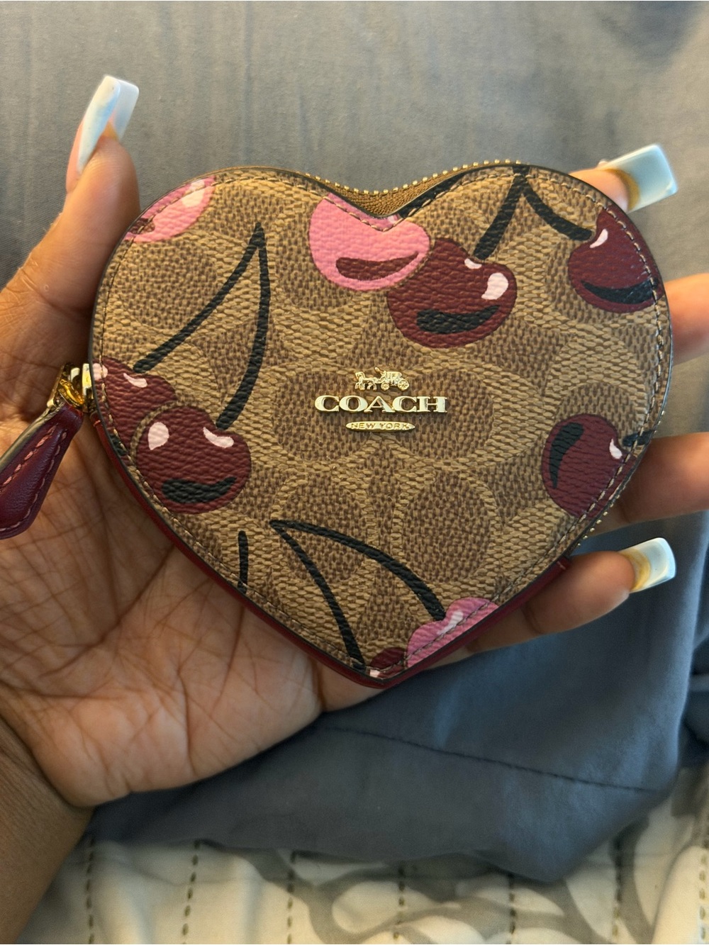 COACH Brown Signature Heart Coin Case with Cherry Print